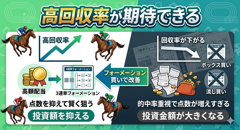三連単フォーメーションの高回収率が期待出来ることを解説したイラスト