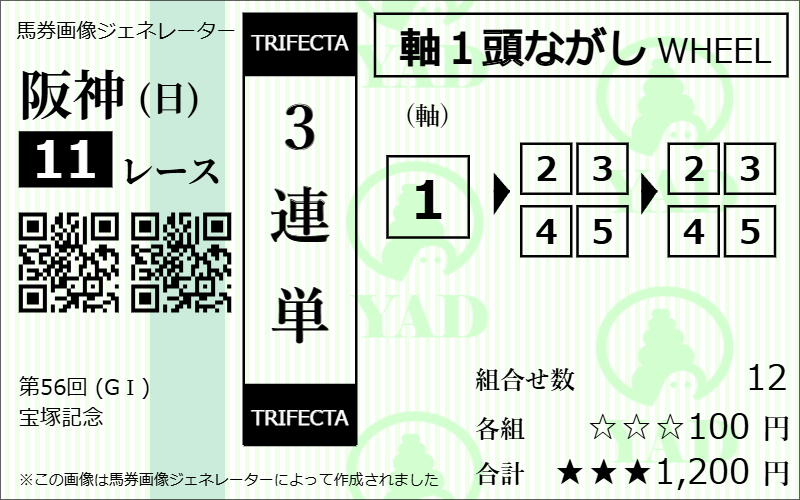 三連単1頭軸流しの馬券画像