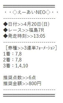 えーあいNEOの2025年4月20日福島7Rの有料予想画像