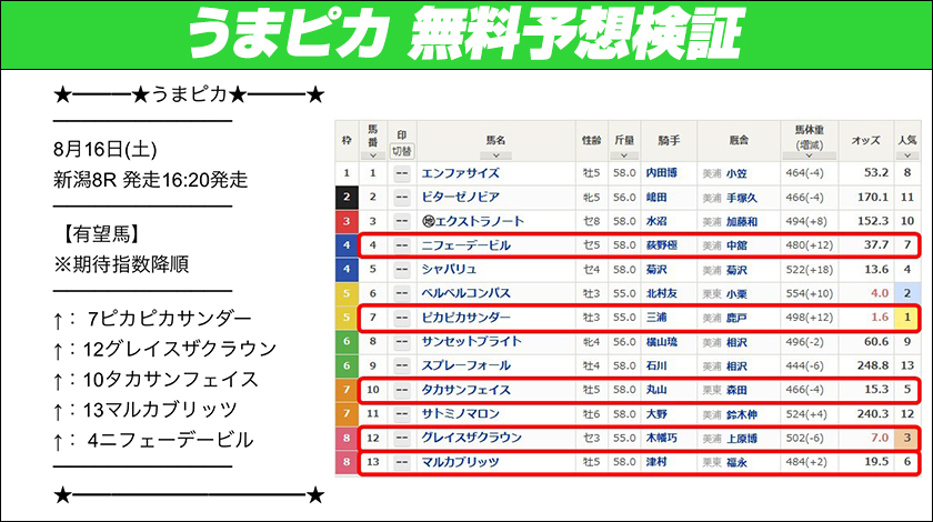 うまピカ無料予想検証1回目の内容