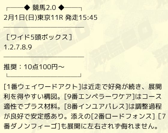 競馬2.0の無料予想的中画像